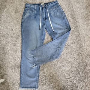 BLUE TURTLE  Pleated Raw Hem High Rise Mom Jean Drawstring